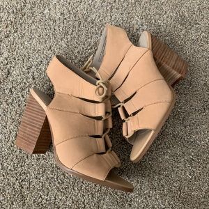 hinge tan suede lace up heels